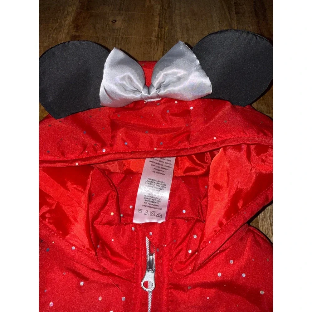 Disney Junior Minnie Mouse Red Glitter Polka Dot Hooded Puffer Vest 3T Ear Bow